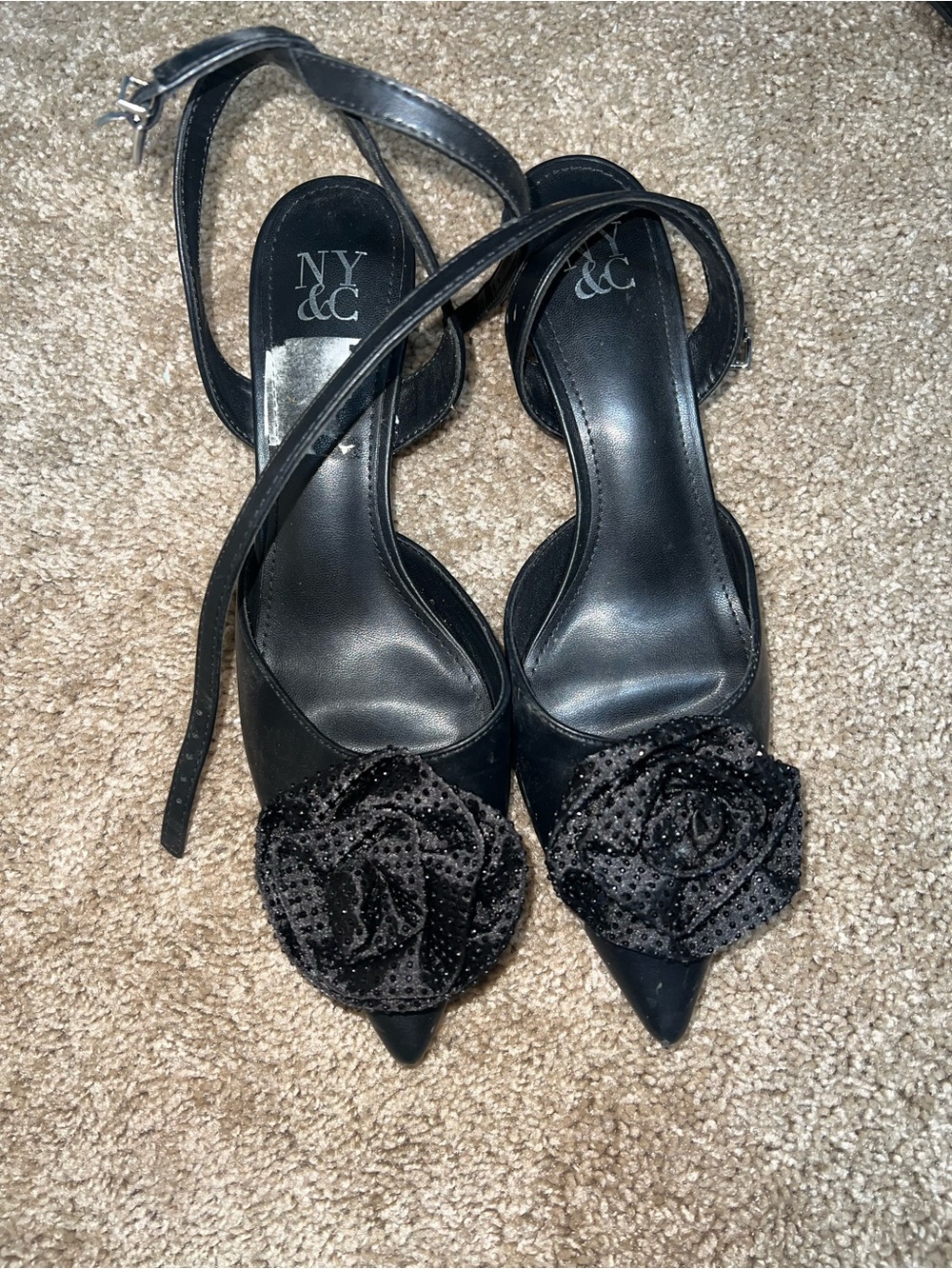 New York & Company Black Pointed Toe Slingback Heels with Flower Applique